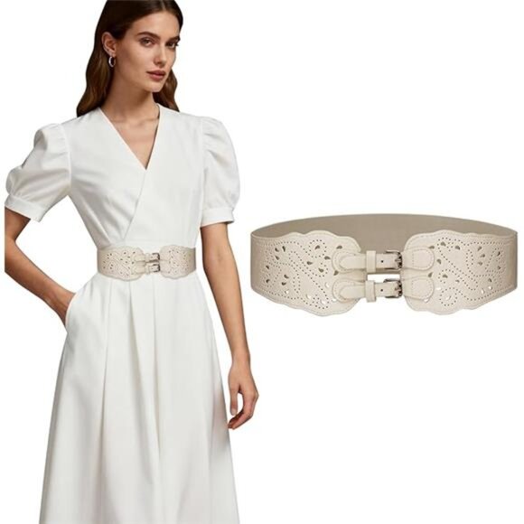 🌸Leather Elastic Wide Belt for Women | Retro Hollow Buckle Waist Cinch Belt 🌸 - Picture 2 of 2